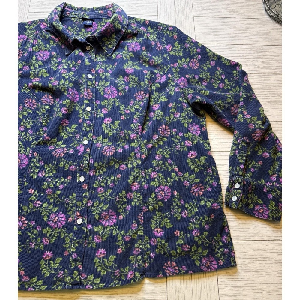 Basic Editions Navy Floral VTG Corduroy Shirt Top Shacket Pearl‎ Snaps Women 1X